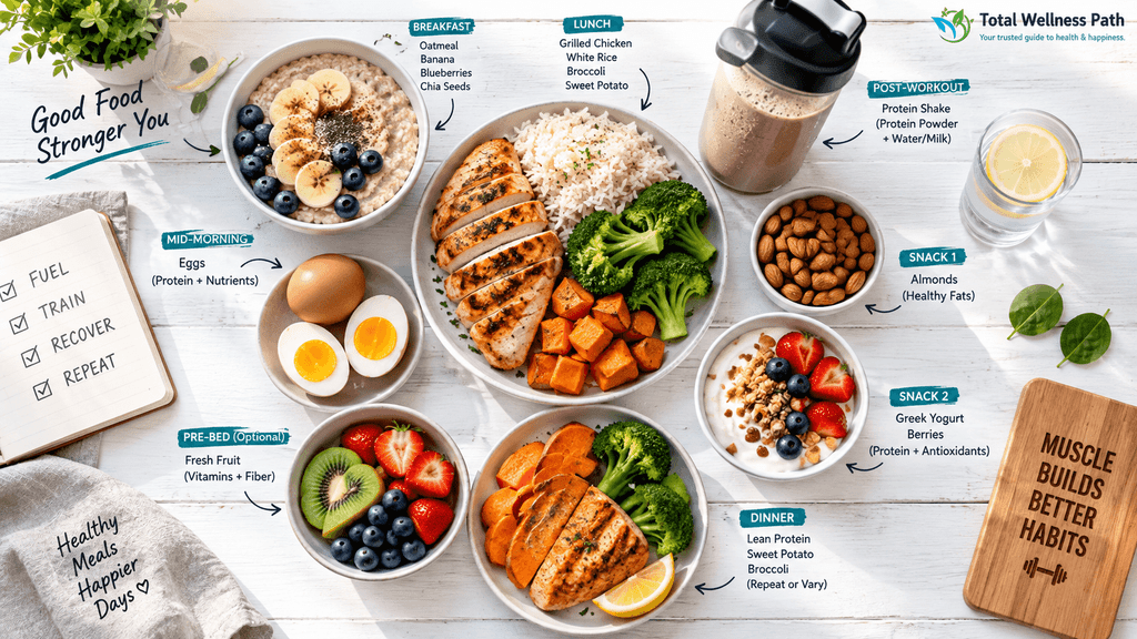 Daily meal prep showcasing best macros for building muscle - complete nutrition planning